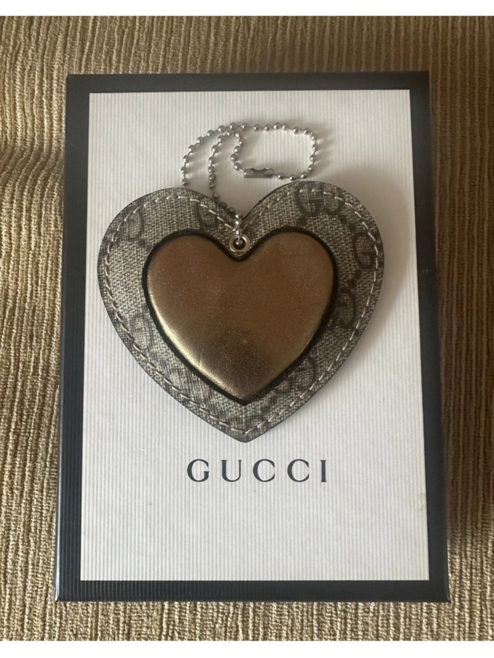 Gucci Metallic Bronze Leather & GG Monogram Heart Key and Charm bag charm